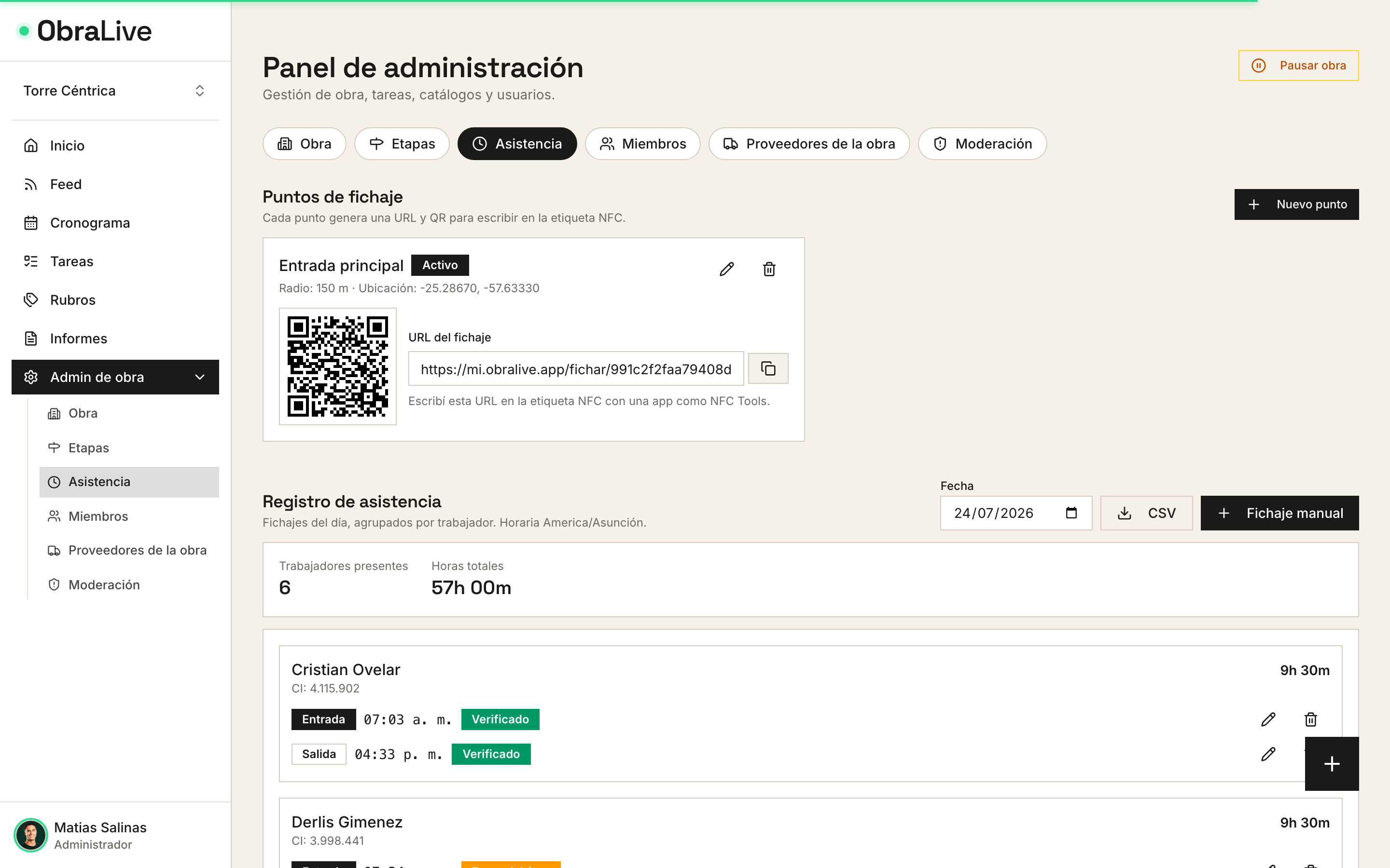 Panel de control de asistencia de obra en ObraLive con fichajes del día