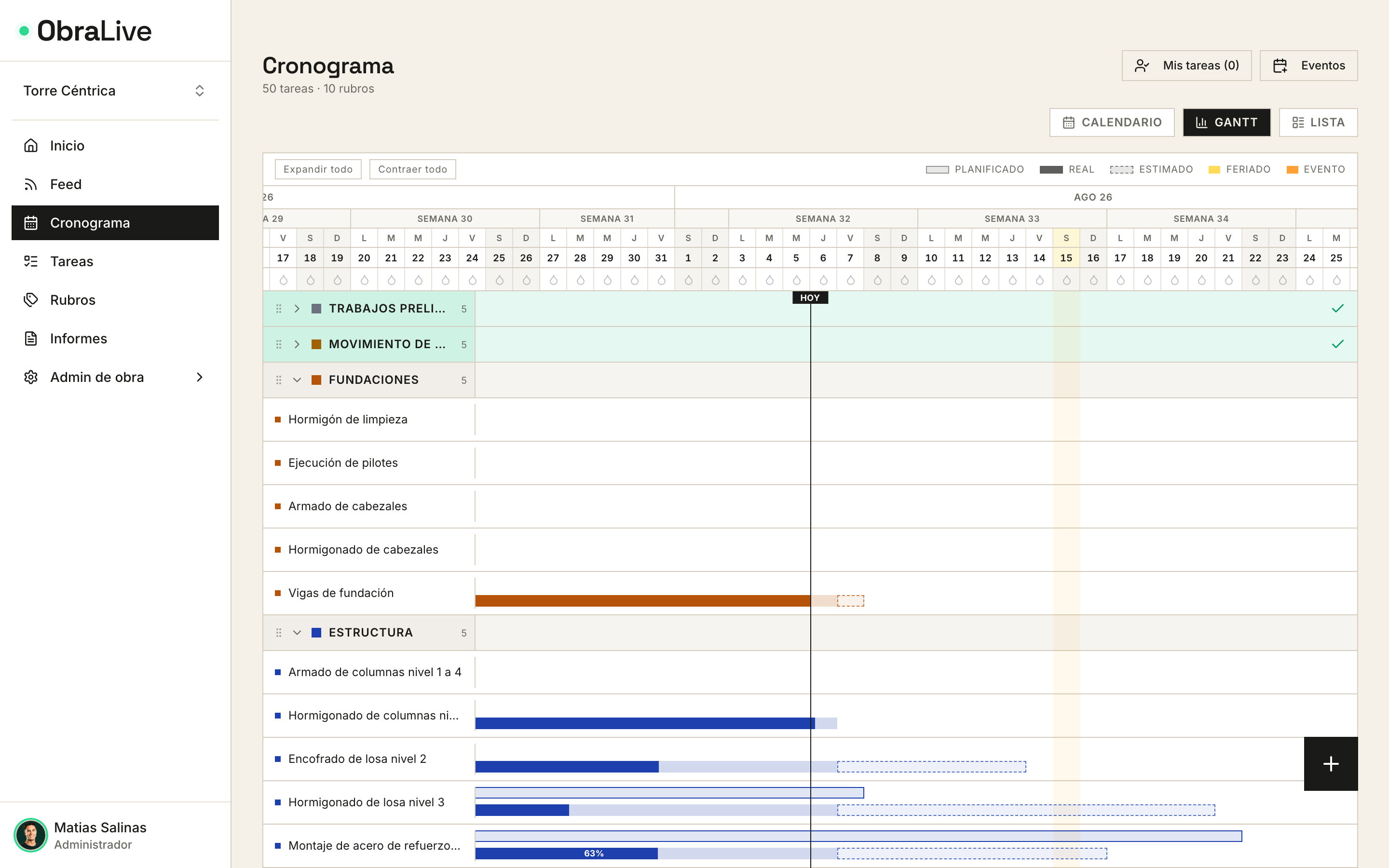 Cronograma de obra en vista Gantt con planificado contra real en ObraLive