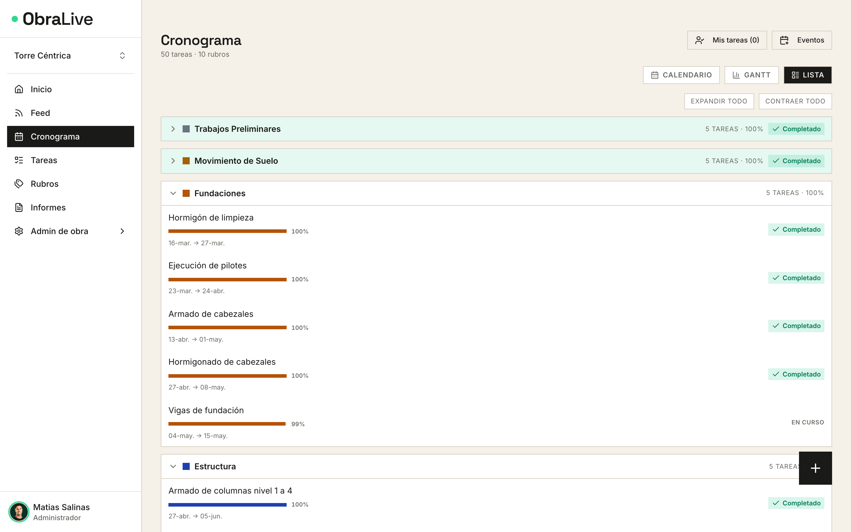 Vista de lista del cronograma de obra en ObraLive con tareas y fechas