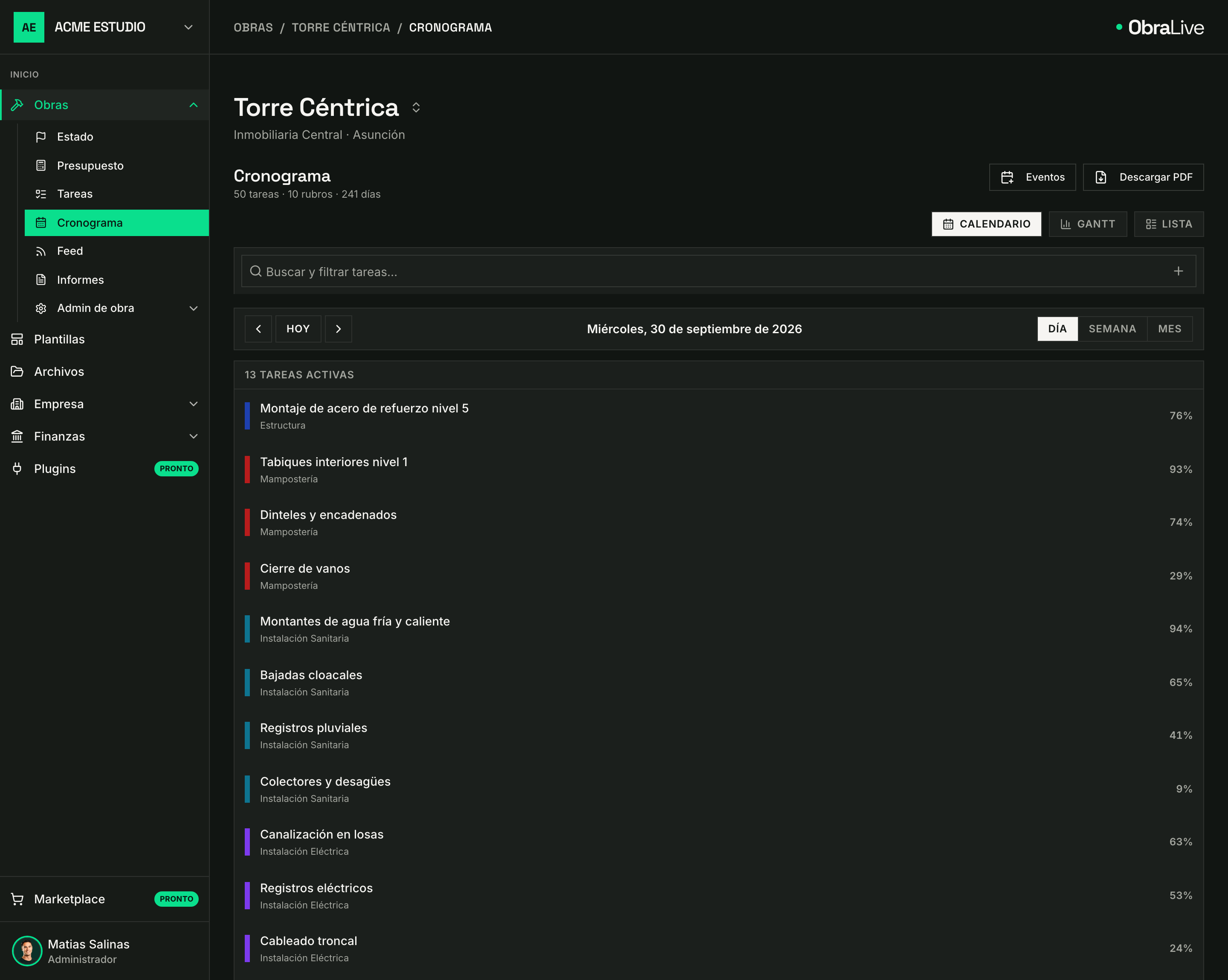 Tablero de prioridades de la semana en el cronograma de obra de ObraLive