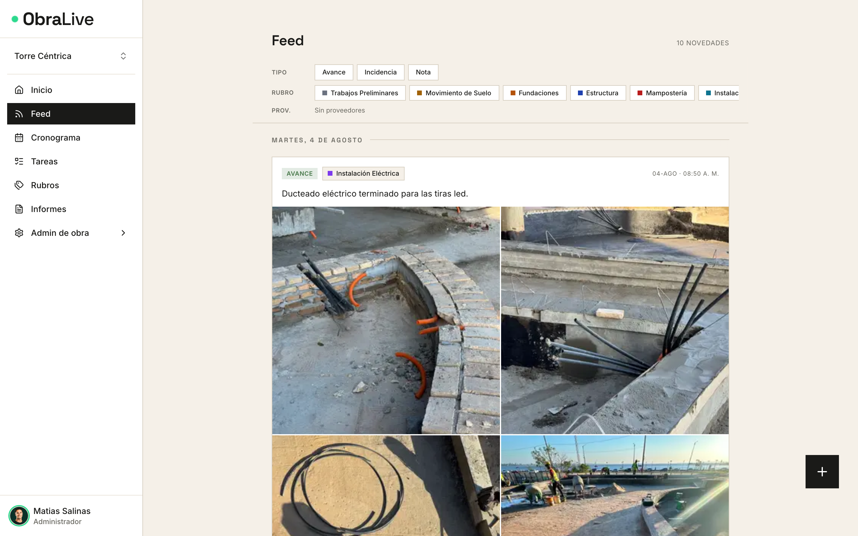 Feed de novedades de obra con fotos del avance en ObraLive