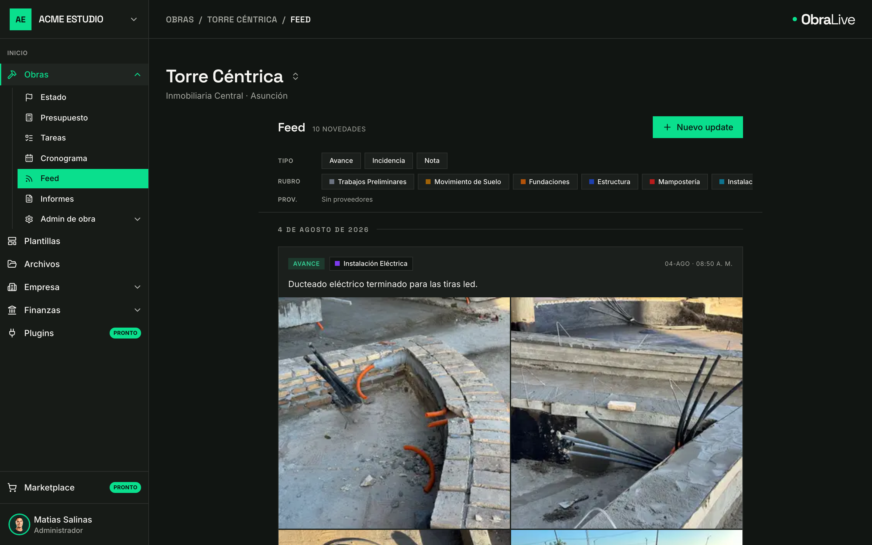 Feed de novedades de obra con fotos del avance en ObraLive