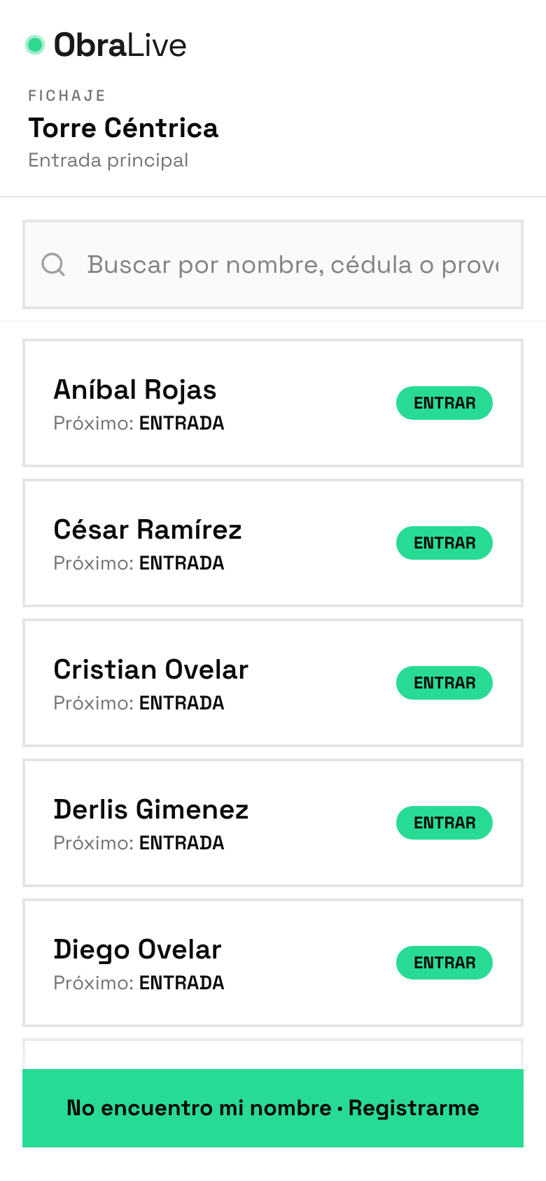 Pantalla del celular para fichar entrada y salida de obra en ObraLive