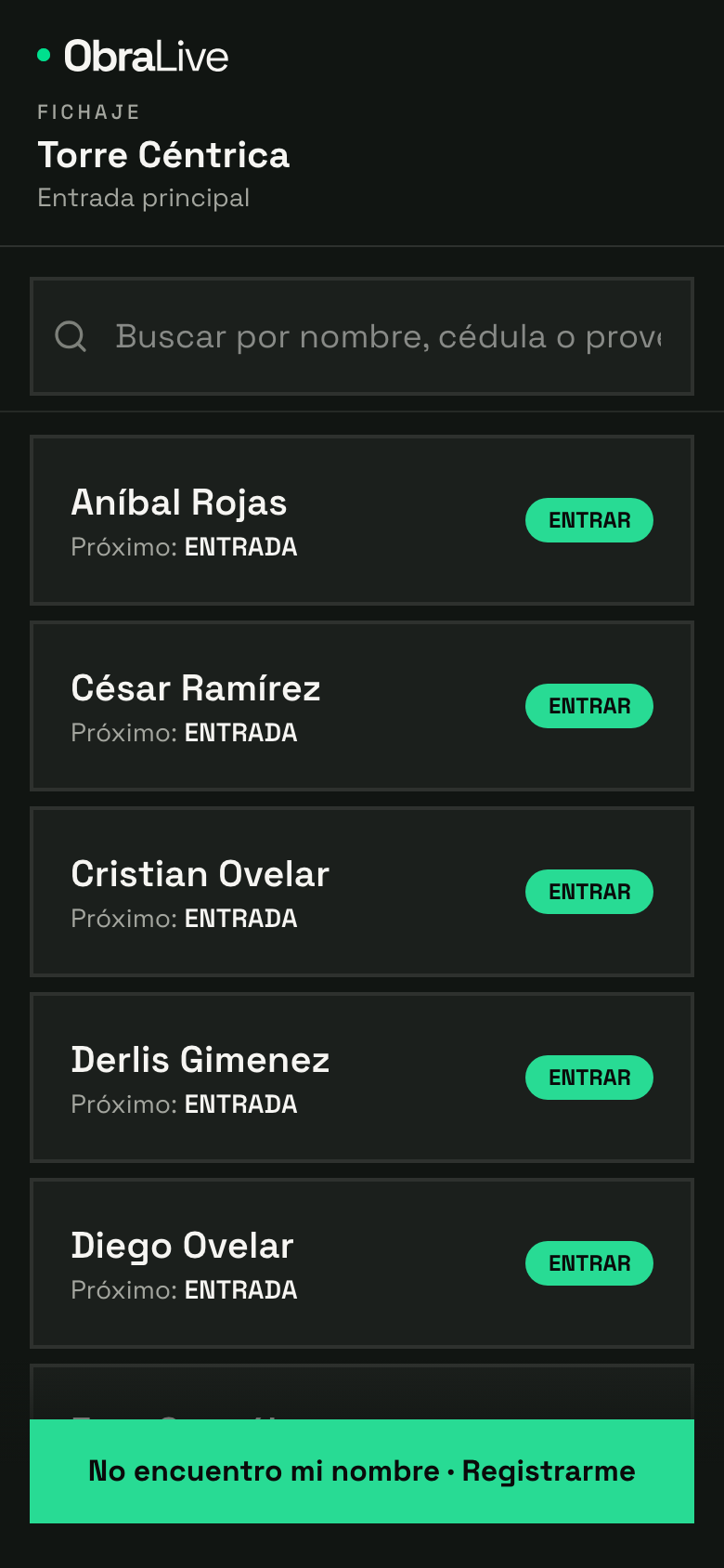 Pantalla del celular para fichar entrada y salida de obra en ObraLive