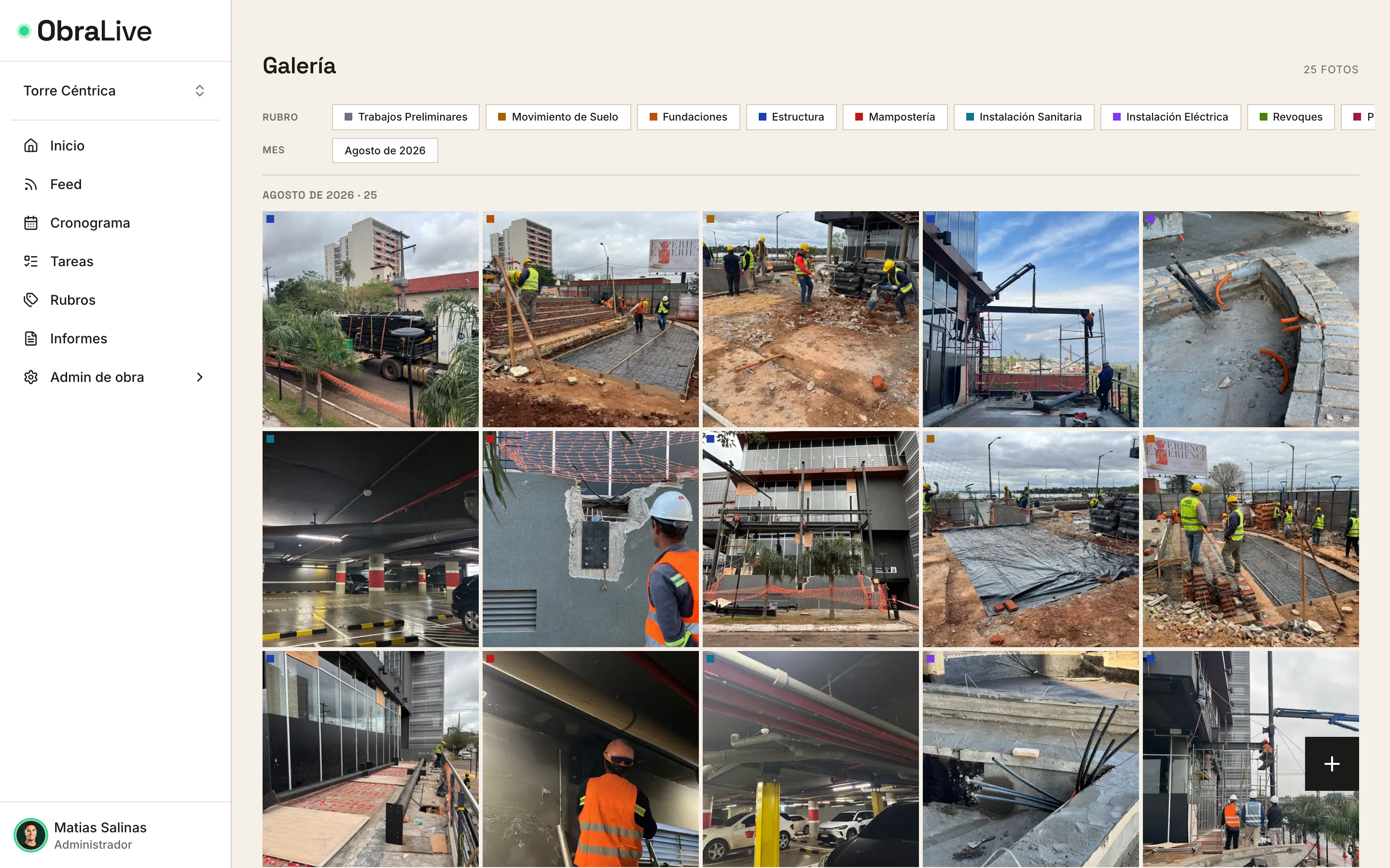 Galería de fotos de avance de obra agrupadas por rubro en ObraLive