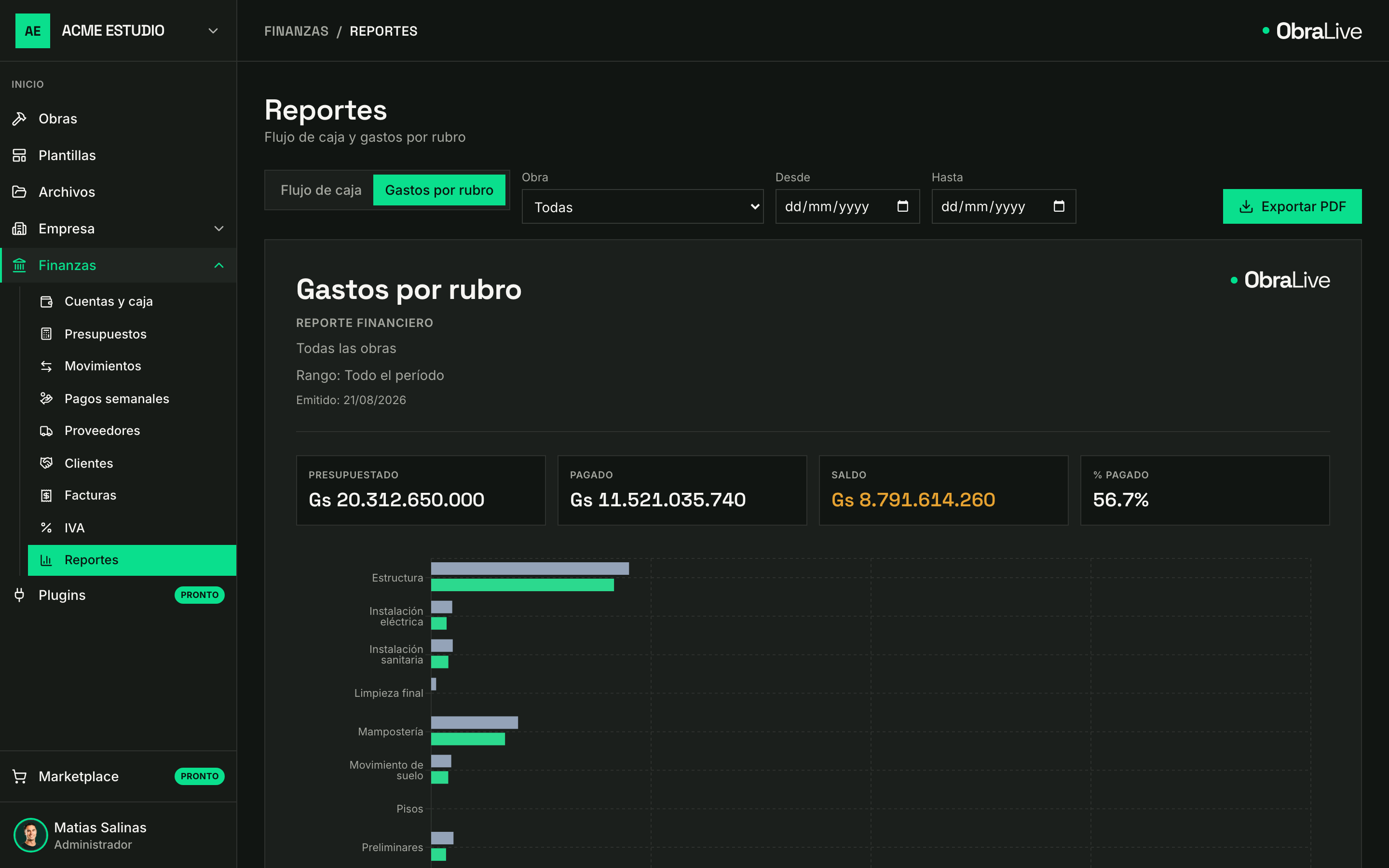 Reporte de gastos por rubro en ObraLive con lo presupuestado contra lo pagado