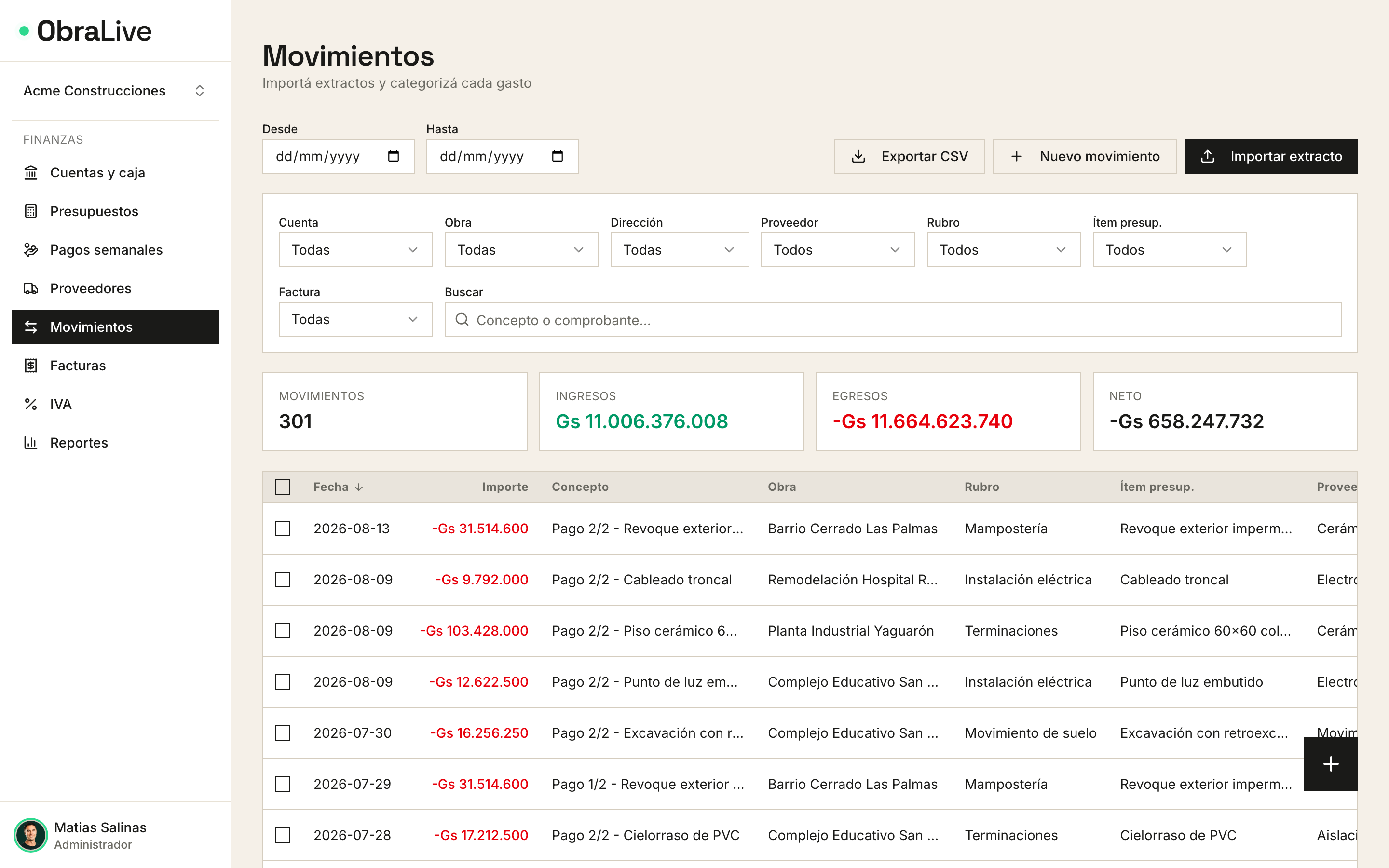 Movimientos bancarios categorizados por obra y rubro en ObraLive