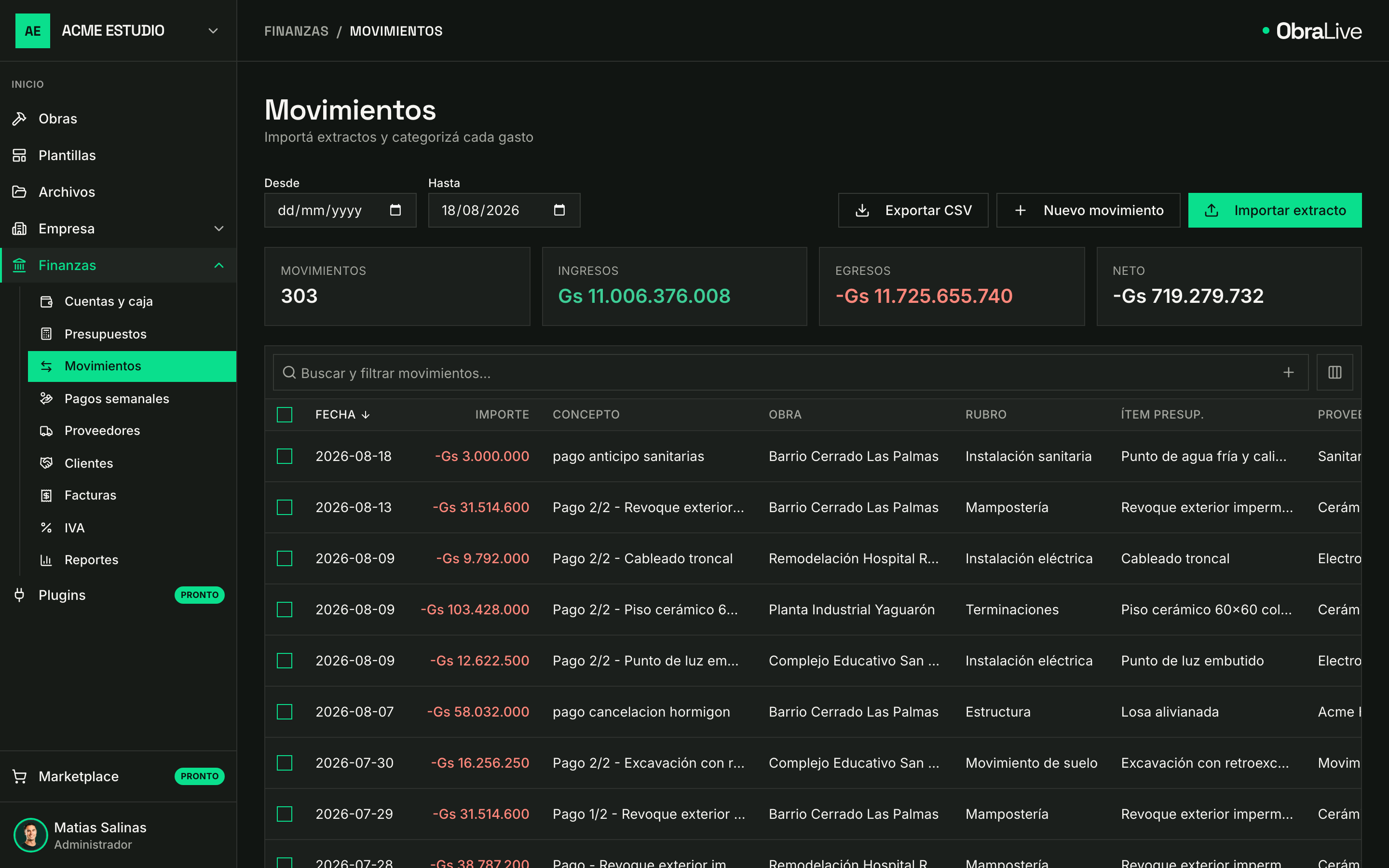 Movimientos bancarios categorizados por obra y rubro en ObraLive